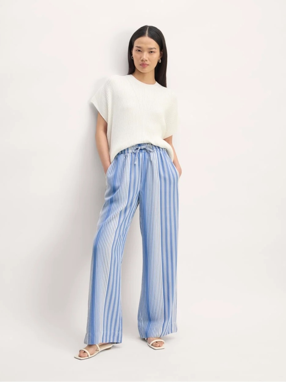 Everlane Butterlite Tencel Wide-Leg Pants Electric Stripe Blue White Medium